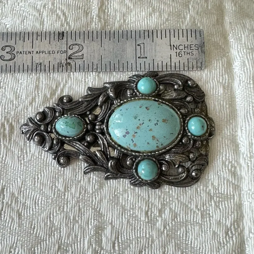 Vintage Art Deco Filigree Turquoise Glass & Silver Dress Fur Clip Brooch 1920s